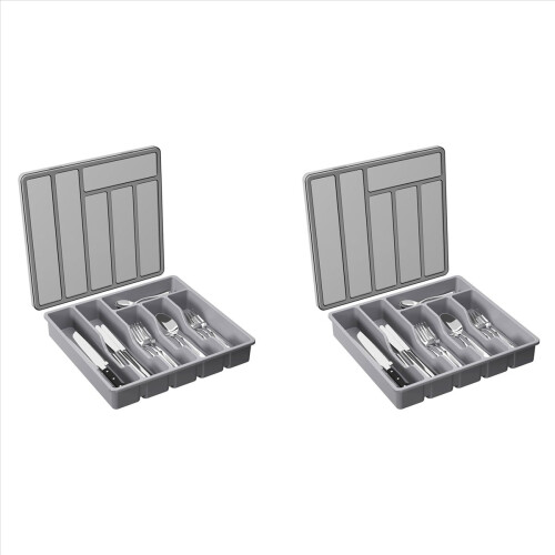 Silverware Organizer with Lid,Covered Utensil Tray Gray