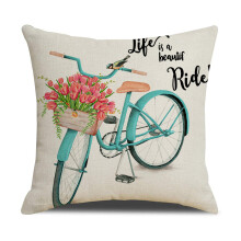 Farmhouse Decorative Pillows Spring Flower Bicycle Pattern, Watercolor Blue Corduroy Material, Digital Printing, Comfortable High-Grade Blended For Be