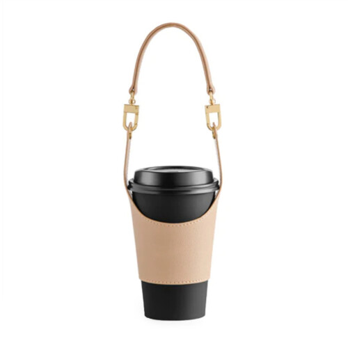 PU Leather Coffee Mug Cover with Adjustable Strap-Beige