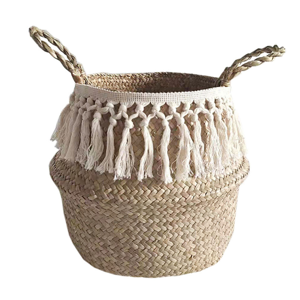Foldable Design Storage Basket, Handmade Straw Basket With Handles, Multipurpose Storage For Home Storage And Plant Pot Cover, Woven Seagrass Belly Ba 9060116162444