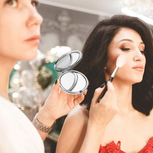 Professional Double-Sided Makeup Mirror, Silver Tone Compact & Portable Foldable Mirror with Flexible Spring Latch for 180 Rotatable Design, 2