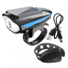 (Blue) Rechargeable Solar cycle Lights with Horns Solar/USB Charging Bike Horns Light for Night Riding