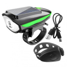 (Green) Rechargeable Solar cycle Lights with Horns Solar/USB Charging Bike Horns Light for Night Riding
