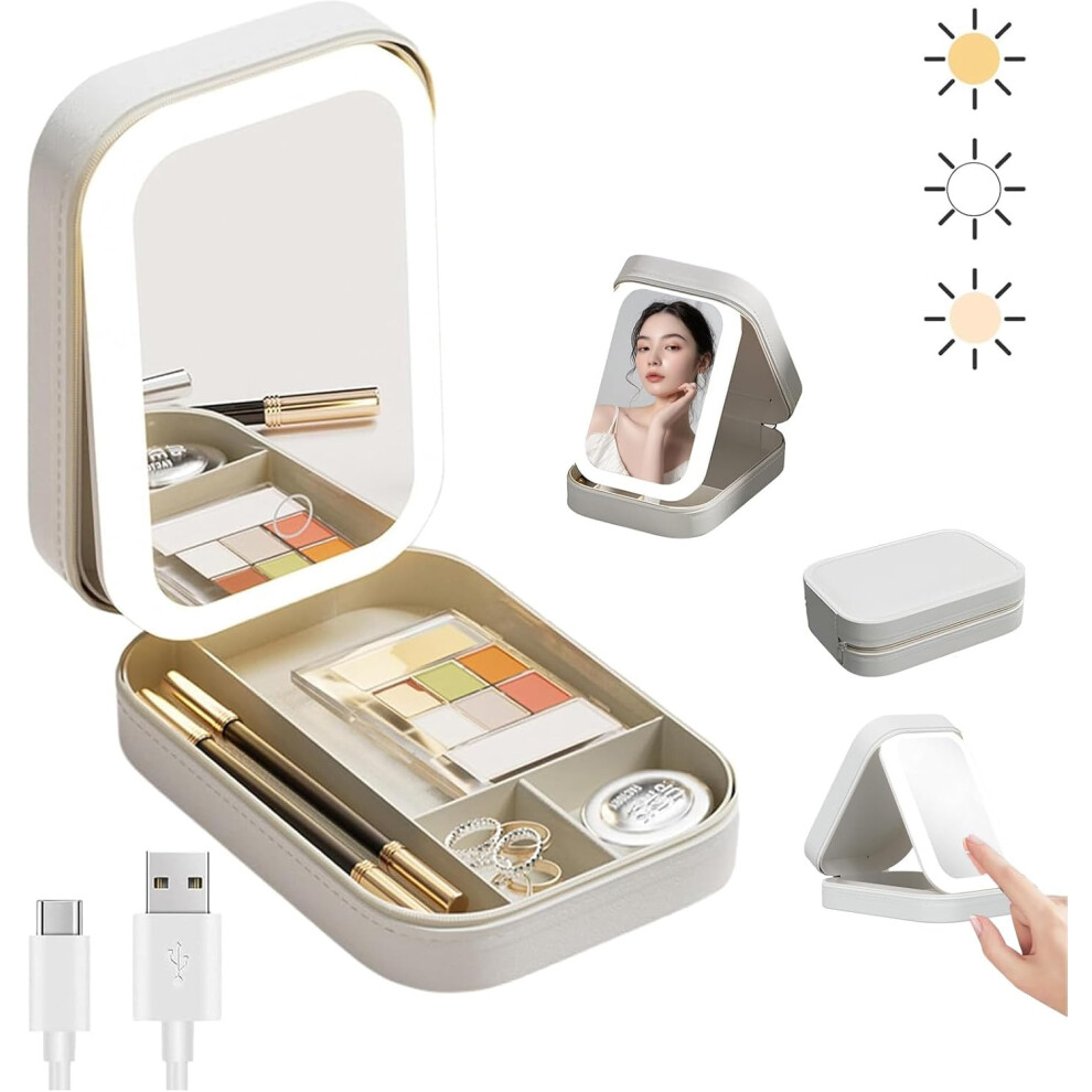 LED Three-Color Adjustable Makeup Mirror, Rechargeable LED Makeup Mirror with Touch Control, Portable Makeup Bag with Dimmable Brightness and Built-in