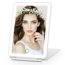 Lighted Vanity Mirror with Touch Screen Control, Tabletop Mirror Featuring 3 Color Dimmable LED Lighting, Rechargeable Travel Makeup Mirror with Folda
