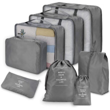 Organisateur de voyage : Ensemble de huit cubes de rangement gris, pochettes de compression, trousse de toilette transparente, matériau de haute