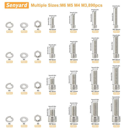 890Pcs M3-M6 Screw Assortment, Bolts and Nuts Kit, 2
