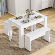 White Artificial Marble Dining Table Set,2 Benches