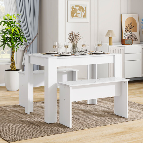 White Artificial Marble Dining Table Set,2 Benches 2