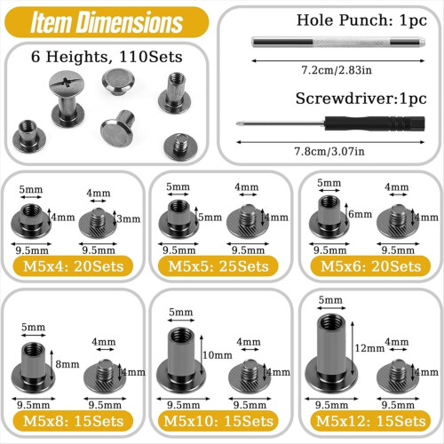 Binding Screws Assorted Kit,M5x4/5/6/8/10/12mm Book-Binding Rivets 2