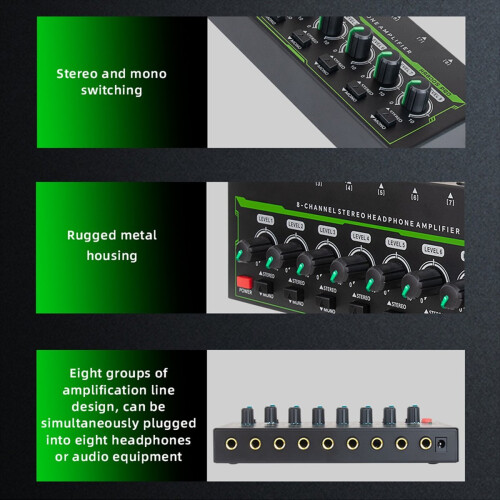 8 Channels Mini Stereo Headphone Amplifier with Power Adapter EU Plug
