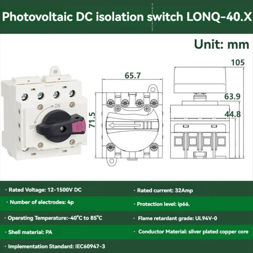 Solar Isolator Switch PV DC 1200V 32A Rotating Handle Rotary Disconnector for Device A 2