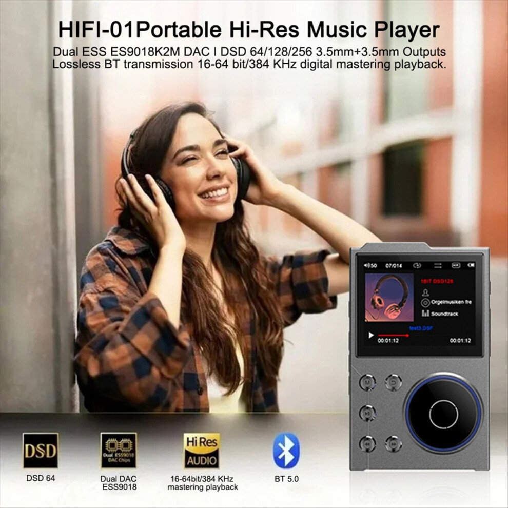 Hifi Mp3 Player Bluetooth 5.0 Lossless Audio Digital Music Portable Build In 16G Card Gray 4852902519441