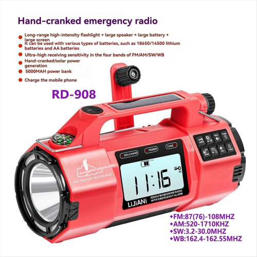 HRD908 Multi-Function Emergency Radio with AM/FM/SW/ Bands Large Flashlight, Speaker, Hand-Crank Generator 1