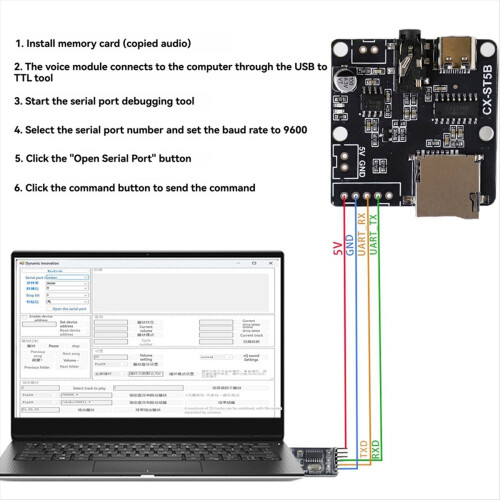 ST5B Serial Port MP3 Voice Chip Module Broadcast Custom Audio Single Control Triggers Kit 1