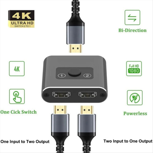 -Compatible Splitter/Switch 2 Port Bi- Direction 4K Ultra HD 1 in Out 2