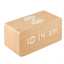 Wooden Digital Alarm Clock with Wireless Charging, LED Time, Date,Temperature, Desk Clocks