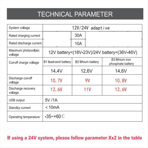 30A Solar Controller with DC Hole 12V 11.1V LCD Photovoltaic Charging USB 2