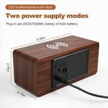 Digital Alarm Clock, Temperature and Humidity Clock LED Electronic Smartphone Wireless Charger (Brown)
