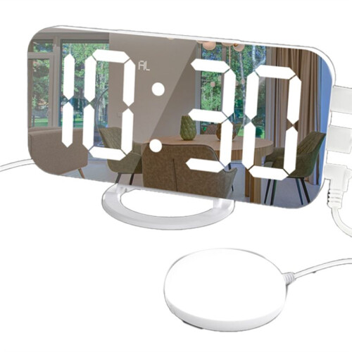 LED Vibration Alarm Clock Multifunctional Dual USB Charging Mute Bedside Automatically Adjust Brightness White