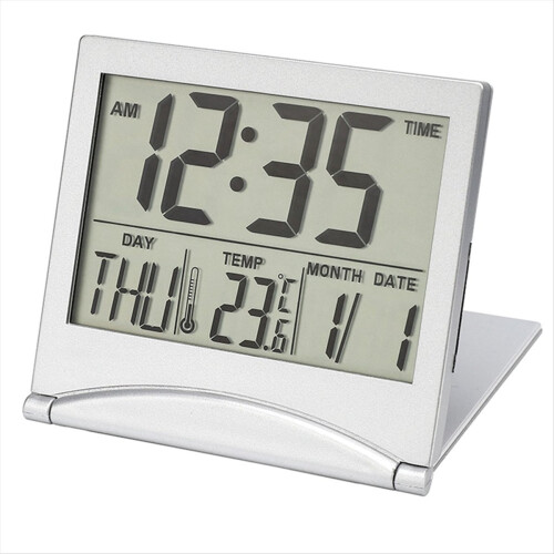 Digital Travel Alarm Clock - Foldable Calendar Temperature Timer LCD Weather Forecast Battery Powered