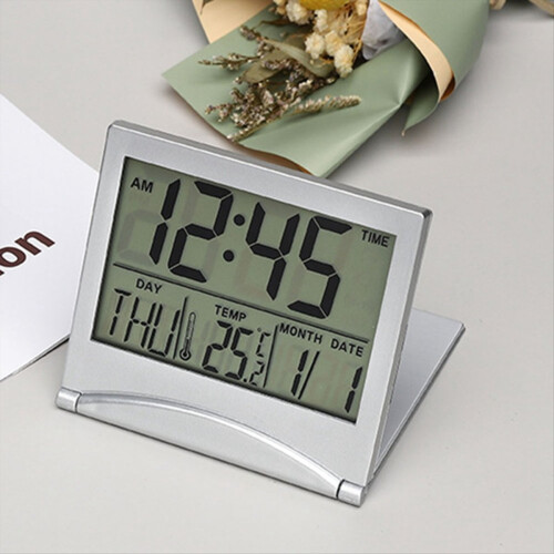 Digital Travel Alarm Clock - Foldable Calendar Temperature Timer LCD Weather Forecast Battery Powered 2
