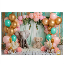 210 x 150 cm Kindergeburtstags-Hintergrundstoff mit Tiermotiven, Party-Ballon-Fotografie-Dekoration, E