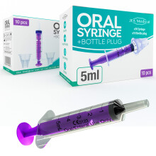 5ml Oral Medicine Syringe and Bottle Plug, Box of 10 - Suitable for