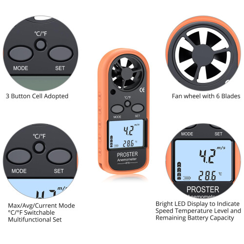 Proster Anemometer Handheld Digital LCD Wind Speed Meter Wind Gauge 2