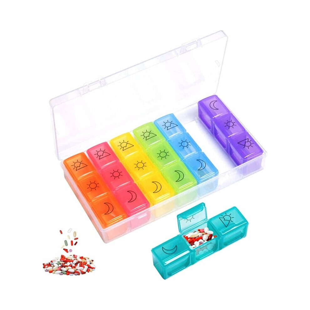 Weekly Pill Organizer, Fda Registered, Moisture-Proof Pill Case, Portable Container, Bpa-Free Materials, Rainbow Colored Lids, Large Compartments