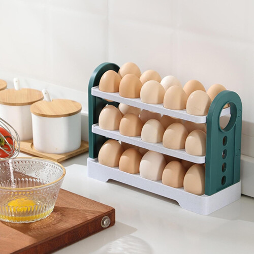 Flippable Refrigerator Egg Trays 3Layer 30Count Egg Holder, White Plastic Fridge Organizer For Side Door Or Countertop 2