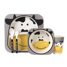Toddlers' Tableware Set, Adorable Cute Pattern With Plate, Bowl, Cup, Fork & Spoon, Environmentally Friendly Bamboo Fiber (Black Cow)