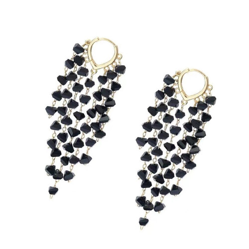Comfortable Long Fringe Earrings Sparkling Crystals-Black