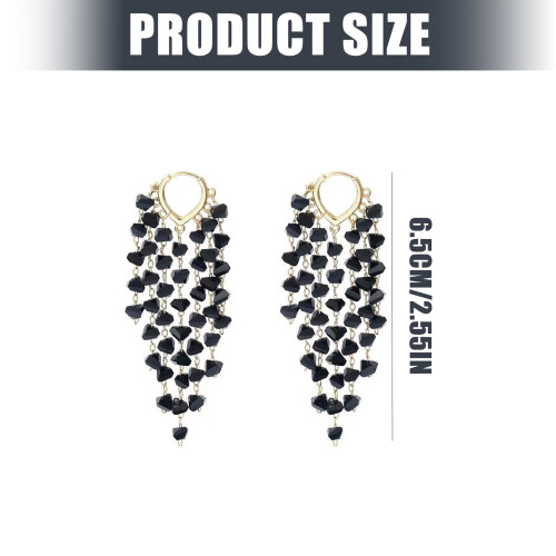 Comfortable Long Fringe Earrings Sparkling Crystals-Black 2