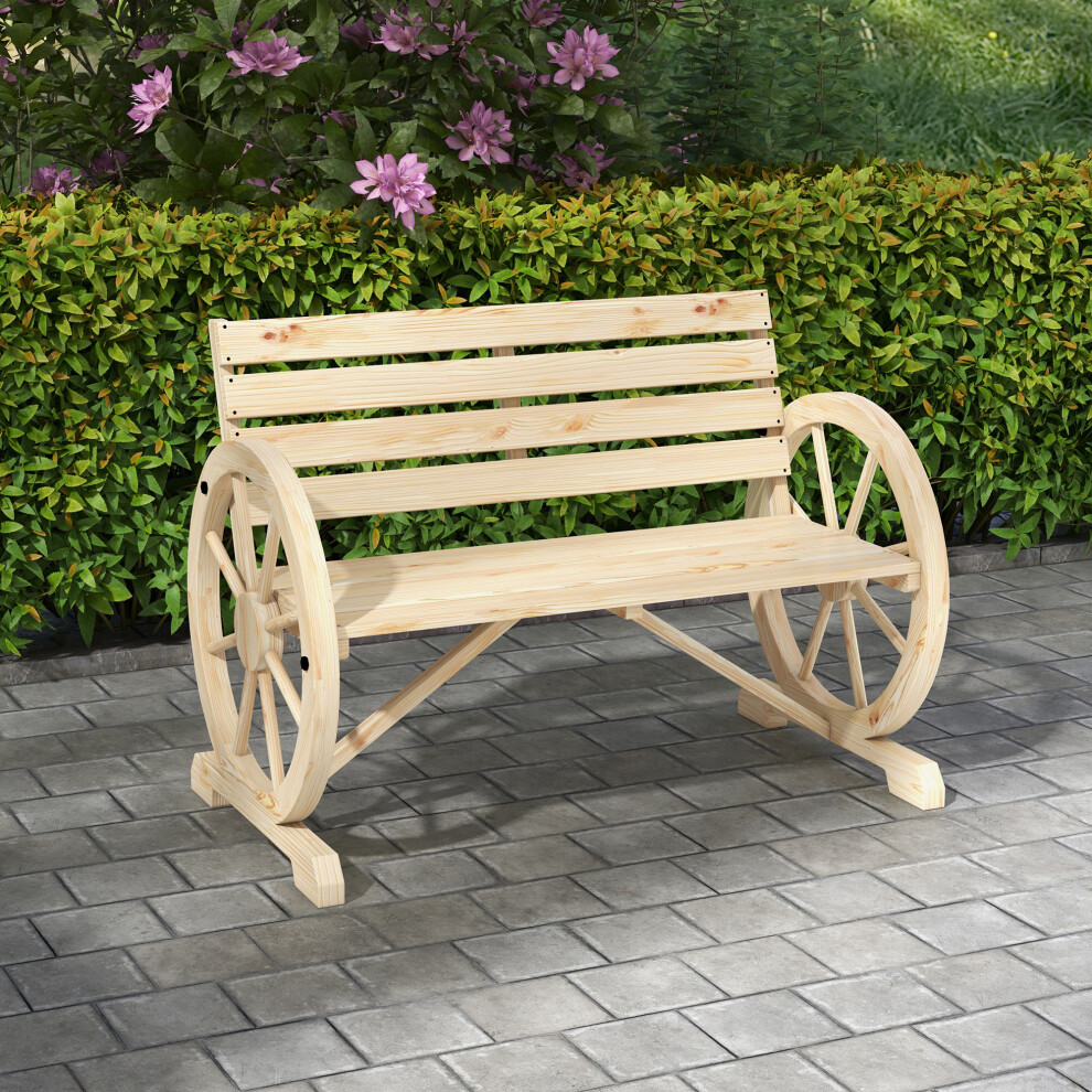 Outsunny 2 Seater Garden Bench W/ Wooden Cart Wagon Wheel Natural