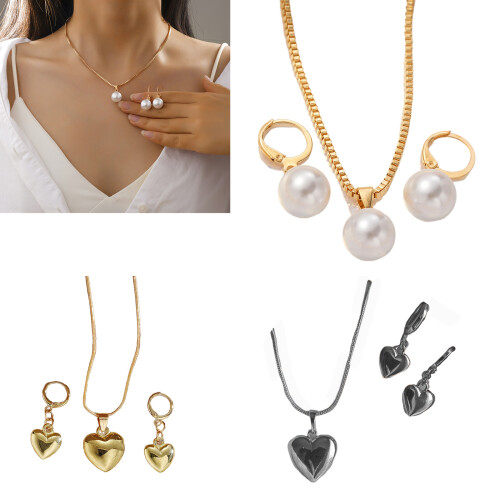 Ensemble de bijoux perles/coeur, collier léger-Or blanc nacré C. 2