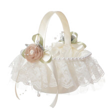 Coș elegant cu flori din satin, coș decorat cu perle din dantelă, coș de depozitare romantic cu petale