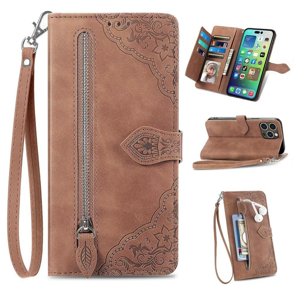 Pu+Tpu Zipper Wallet Flip Card Slots Skinfeel Embossed Phone Case For Honor X7d Brown 9067246224806