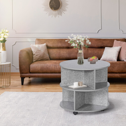 Homcom HOMCOM 3 Tier Coffee Table Round Rolling Centre Table w/ Wheels Cement