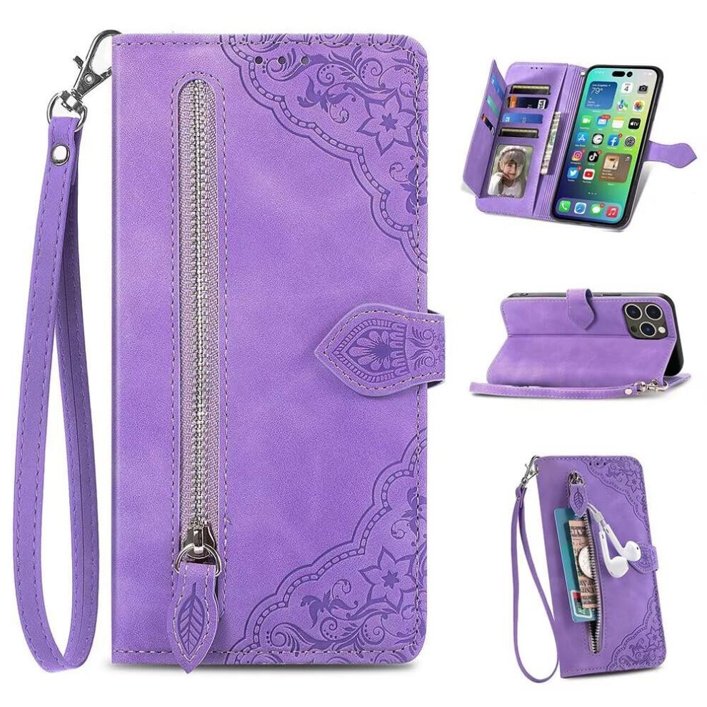 Wallet Case Zipper Wallet Flip Card Slots Pu+Tpu Skinfeel Embossed Protective Cover For Honor X8c Purple 9067246224950