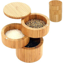 Rustieke bamboe toren, natuurlijke honingkleurige, 3-laags magnetische draaibare zoutdoos, premium bamboe voor elegante opbergoplossingen (bruin)