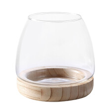 Glass Plant Bowl Model 3 Hydroponic Vase With Wooden Stand, Clear Tank Planter For Flowers, Modern Indoor Centerpiece