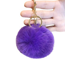 Porte-clés boule de poils de lapin flou, anneau-Violet foncé
