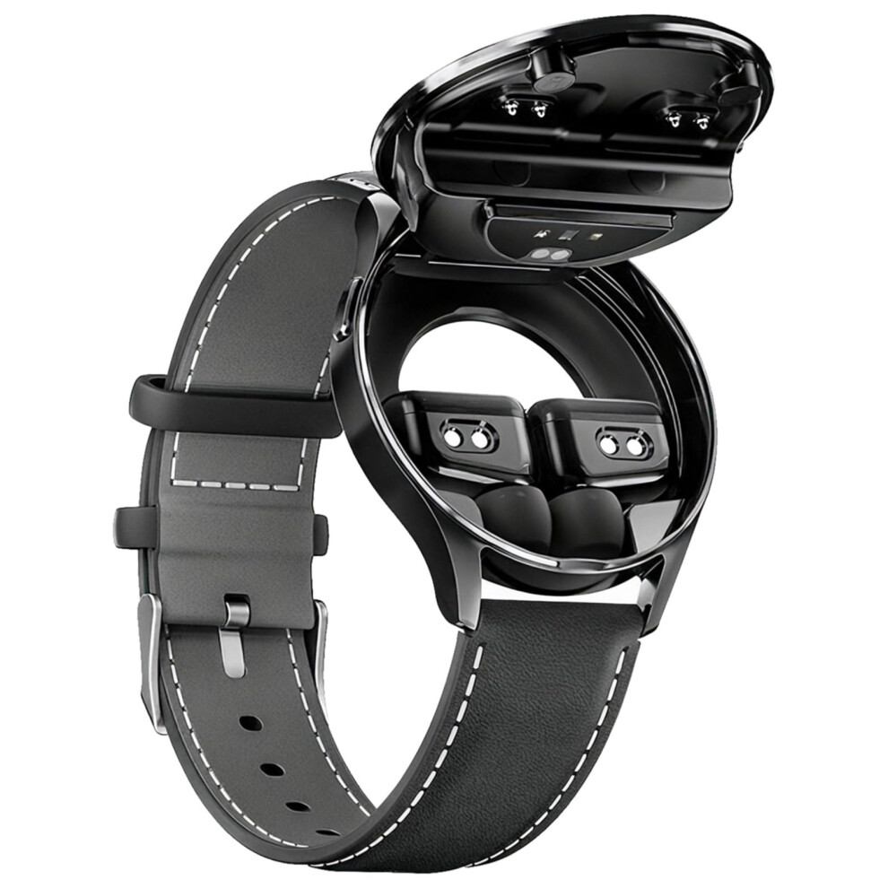 Smart Watch With Earbuds 2In1 35Mm Round Dial Fitness Watch Ip67 Waterproof Ios Android Heart Rate Spo2 Leather Band 9323874373683