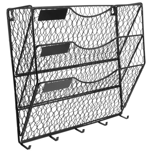 Black Metal Wall File Organizer with Hanging Wire Baskets
