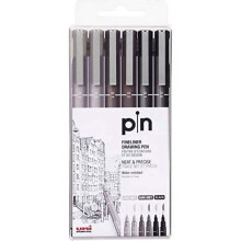 Gecalibreerde markeerstiften - uni-ball - Set van 6 - Uni Pin Fineliner Pennen - Grijs en Zwart - 0.05 mm, 0.1 mm - Waterbestendig
