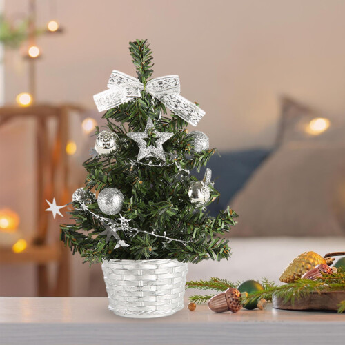 Mini Christmas Tree with Decorative Objects for Tabletop Desk Decorations, Artificial Christmas Trees with LED Lights, Pre-Lit Mini Artificial Tree, E 1
