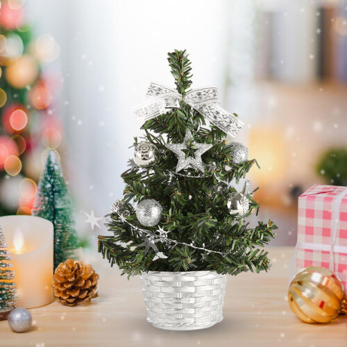 Mini Christmas Tree with Decorative Objects for Tabletop Desk Decorations, Artificial Christmas Trees with LED Lights, Pre-Lit Mini Artificial Tree, E 2