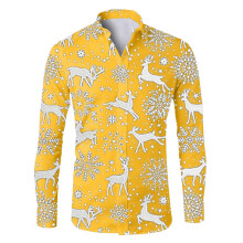 Christmas Shirt Men's Loose Fit ButtonUp Christmas Pattern Hawaiian Shirt, 3D Printed, Yellow, Size S, Business Formal