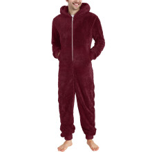 Men's Couple Jumpsuit Plush Teddy Fleece Zip Front Long Pyjamas Winter Warm Onesie Wine L